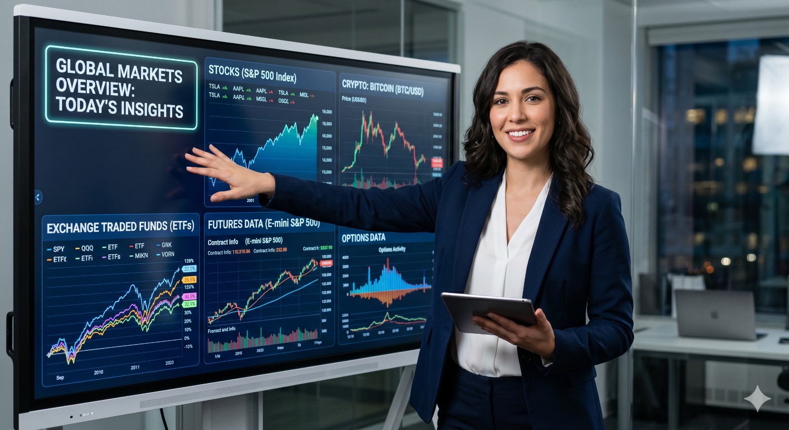 Professional market analyst presenting a trading dashboard with stocks, ETFs, futures, options and crypto data